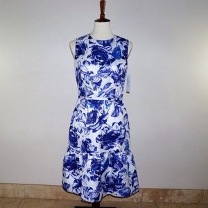 Blue Floral Roses Peplum Dress Belted Sparkle
